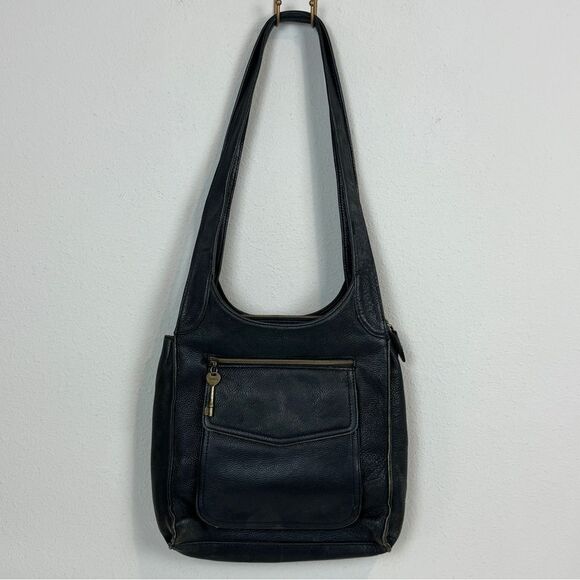 Fossil Black Leather Shoulder Zip Purse Bag Key 1997 #75082 - Picture 1 of 12